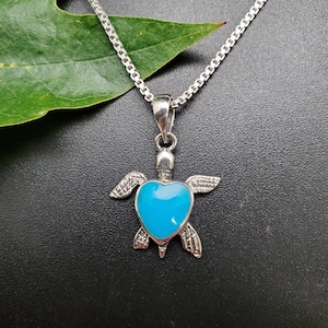 QQ-294 | Dainty Blue Turquoise Inlay Sea Turtle Necklace Pendant | Sterling Silver Turquoise Turtle Pendant | Silver Sea Turtle Necklace