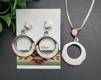 FFD #761 | White Opal Inlay Necklace Pendant, Earrings Set | Sterling Silver Opal Pendant | White Opal Earrings | Jewelry Set | Gift For Her