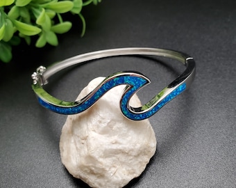 Blue Fire Opal Bangle With Box Clasp Closure / 925 Sterling Silver