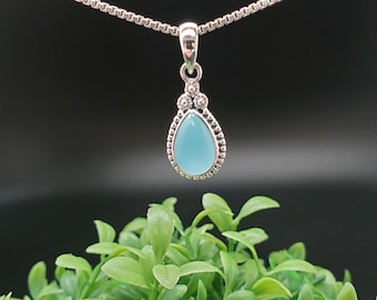 QQ-907 | Dainty Aqua Chalcedony Teardrop Pendant Necklace Option Silver Chain | Sterling Silver Blue Aqua Pendant | Blue Chalcedony Necklace