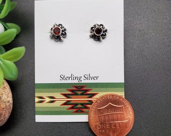 JJS-556 | 7mm Flower Red Garnet Earrings | Sterling Silver Flower Studs | Flower Red Garnet Posts | Dainty Red Gemstone Flower Post Earrings