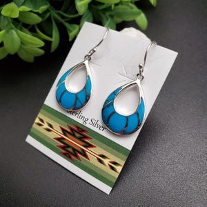 FFD #245 | Blue Turquoise Inlay Teardrop Dangle Earrings | Sterling Silver Turquoise Teardrop Earrings | Turquoise Inlay Drop Earrings