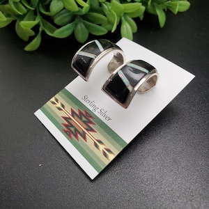 QQ-429 | Lovely Opal, Black Onyx Earring Posts | Sterling Silver Inlay Multicolor Inlay Hoop Earrings | Opal Black Onyx Southwest Earrings