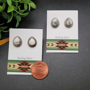 ATS-PST039 | 10x12mm Teardrop White Buffalo Turquoise Post Earrings | Sterling Silver White Turquoise Studs | White Buffalo Teardrop Earring