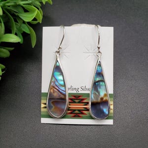 FFD #035 | Abalone Shell Inlay Dangle Earrings | Sterling Silver Abalone Shell Earrings | Teardrop Paua Shell Earrings | Simple Earrings