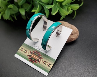 HEP50 | Lovely Turquoise Inlay Hoop Earring Posts | Sterling Silver Blue Turquoise Hoop Earrings | Turquoise Posts | Southwest Earrings