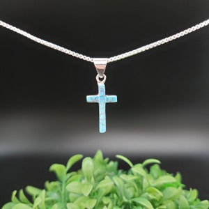QQ-350 | Dainty Blue Opal Inlay Cross Necklace Pendant | Sterling Silver Synthetic Opal Cross Pendant | Silver Opal Cross Pendant Necklace