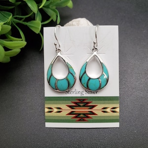 FFD #247 | Dainty Turquoise Inlay Teardrop Dangle Earrings | Sterling Silver Turquoise Teardrop Earrings | Turquoise Inlay Drop Earrings