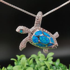 FFD #216 | Big Blue Opal Sea Turtle Necklace Pendant Option Silver Box Chain | Sterling Silver Opal Sea Turtle Pendant | Turtle Necklace