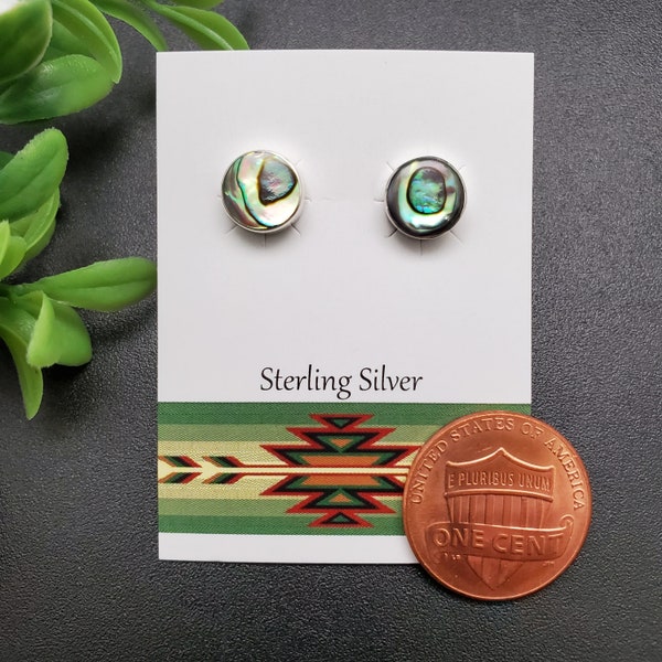 JJS-669 | 9mm Inlay Abalone Shell Earrings | Sterling Silver Abalone Studs | Lovely Silver Posts | Big 9mm Round Studs | Simple Studs
