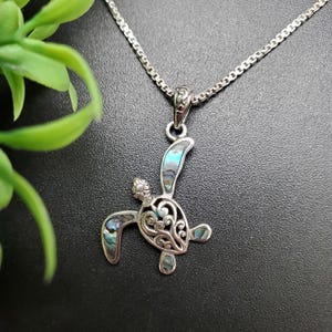 May include: A silver-toned turtle pendant necklace with a decorative openwork design on the shell. The pendant features iridescent abalone shell accents in shades of blue and green. The necklace is on a silver chain.