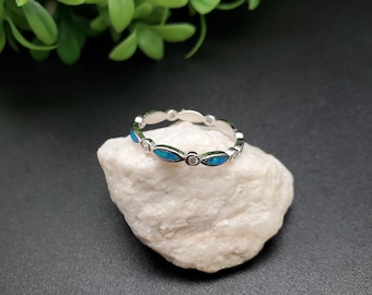 GG-130 | Dainty CZ Blue Opal Ring Band | Sterling Silver Fire Opal Ring | Small Simple Opal Ring | Everyday Ring | Lovely Whole Ring Band