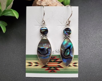 FFD #506 | Abalone Shell Inlay Dangle Earrings | Sterling Silver Abalone Shell Earrings | Dainty Paua Shell Earrings | Big Simple Earrings