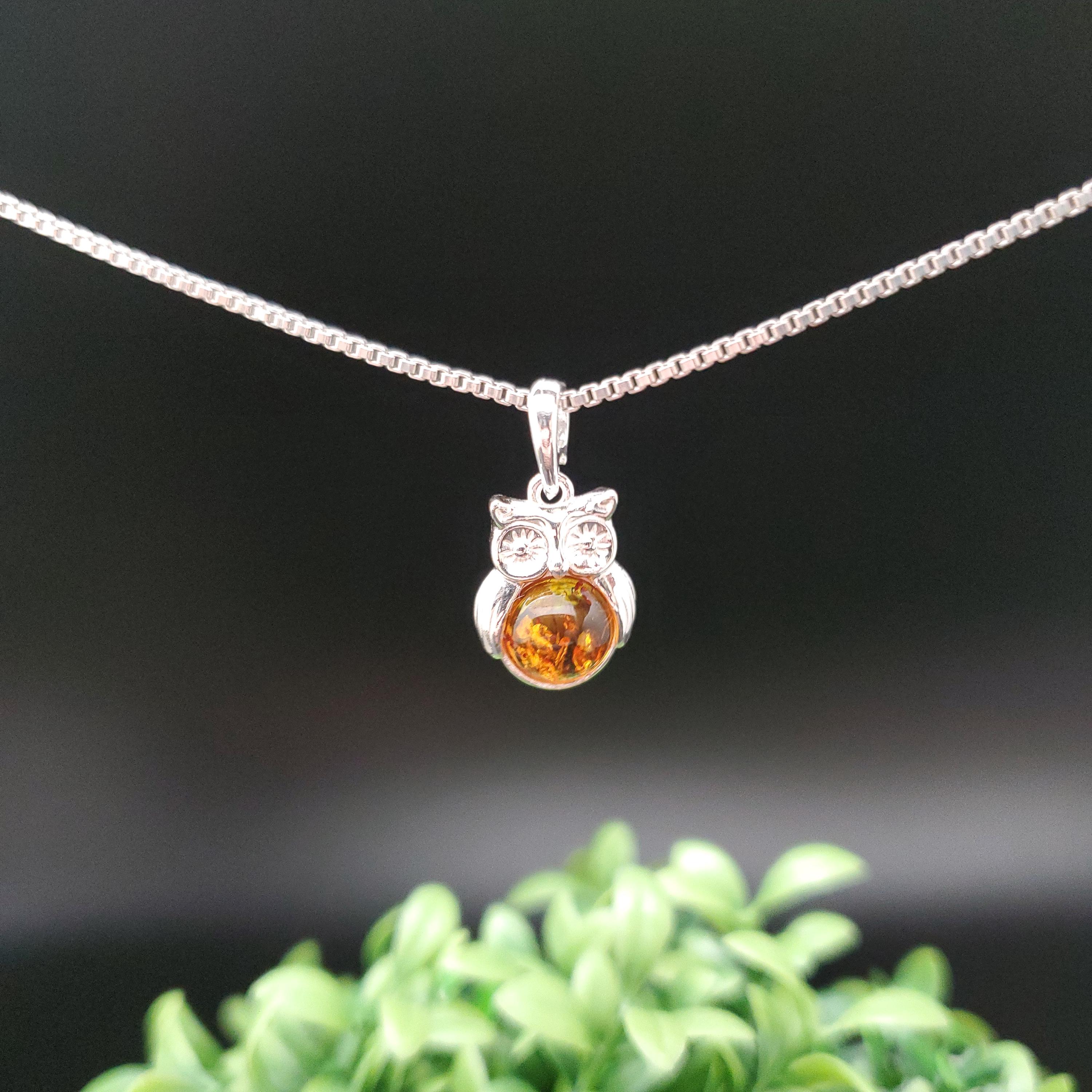QQ-946 | Natural Baltic Amber Owl Necklace Pendant With Option of Silver Chain | Sterling Silver Yel