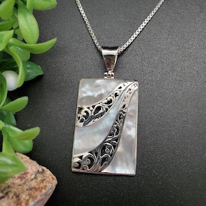 FFD #454 | White Mother of Pearl Rectangle Necklace Pendant Option Silver Chain | Sterling Silver White Shell Pendant | Big White Pendant