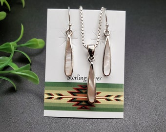 ATS-AYU130 | Dainty White Mother of Pearl Long Teardrop Earrings, Pendant Set | Sterling Silver White Shell Jewelry Set | Gift For Her