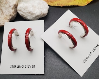 HEP12 | Lovely Red Coral Inlay Hoop Earring Posts | Sterling Silver Red Coral Earrings |Red Inlay Hoops Earrings | Southwest Earrings