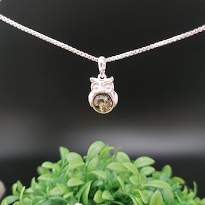 May include: A silver owl pendant necklace with a green gemstone center. The owl pendant is detailed with eyes and feathers, suspended from a delicate chain. The background is dark, with green foliage at the bottom.