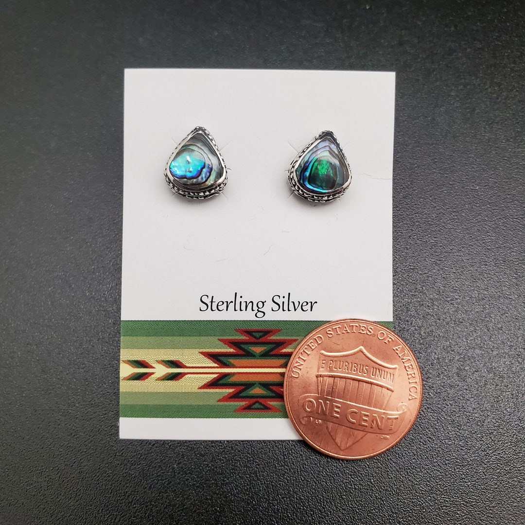 JJS 697 Dainty Teardrop Inlay Abalone Shell Earrings Sterling Silver Abalone Studs Lovely