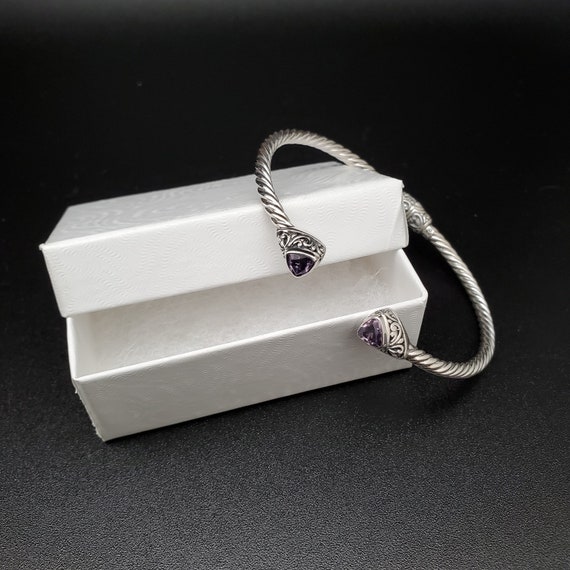 Bracelet Manchette En Argent 925 Avec Améthyste - Bijou Fait Main, Pierre Violette 14mm