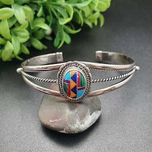ATS#CB019 | Concho Multicolor Inlay Bracelet Cuff | Sterling Silver Inlay Southwest Bracelet | Multicolor Cuff Bracelet | Gift Idea For Her