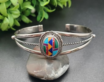 ATS#CB019 | Concho Multicolor Inlay Bracelet Cuff | Sterling Silver Inlay Southwest Bracelet | Multicolor Cuff Bracelet | Gift Idea For Her
