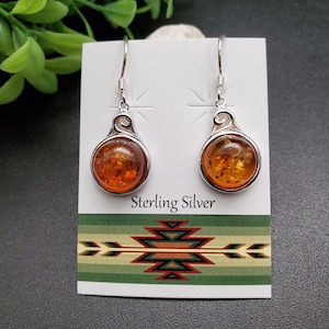 FFD #231 | Natural Baltic Amber Drop Earrings | Sterling Silver Round Yellow Amber Earrings | Dainty Yellow Amber Earrings | Circle Earrings