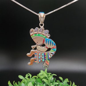 QQ-213 | Unique Southwest Inlay Kokopelli Necklace Pendant Option With Silver Chain | Sterling Silver Multicolor Kokopelli Pendant Necklace