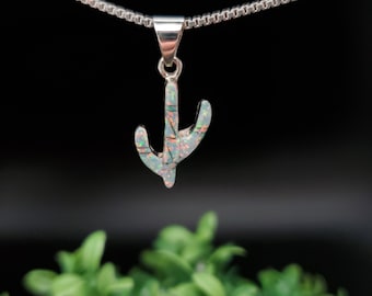 QQ-364 | Sierlijke witte opaal cactuskettinghanger | Sterlingzilveren hanger met witte opaal | Zilveren cactusketting | In het lab gemaakte opaalsieraden