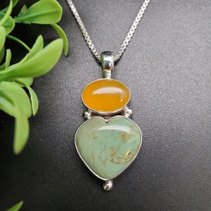 QQ-161 | Lovely Heart Turquoise Yellow Agate Necklace Pendant Option A Silver Chain | Sterling Silver Yellow Agate Turquoise Pendant