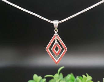 QQ-100 / Collana con ciondolo in corallo rosso con diamanti Opzione collana con catena in argento / Collana con intarsi in corallo rosso in argento sterling / Grande ciondolo in corallo