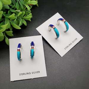 HEP23 | Lovely Turquoise Multicolor Inlay Hoop Earring Posts | Sterling Silver Multicolor Earrings |  Multicolor Inlay Earrings Gift For Her