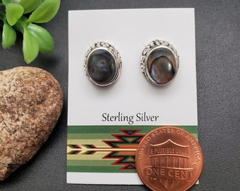 JJS-590 | Dainty Inlay Abalone Shell Earrings | Sterling Silver Abalone Studs | Lovely Silver Posts | Dainty Silver Studs | Simple Studs