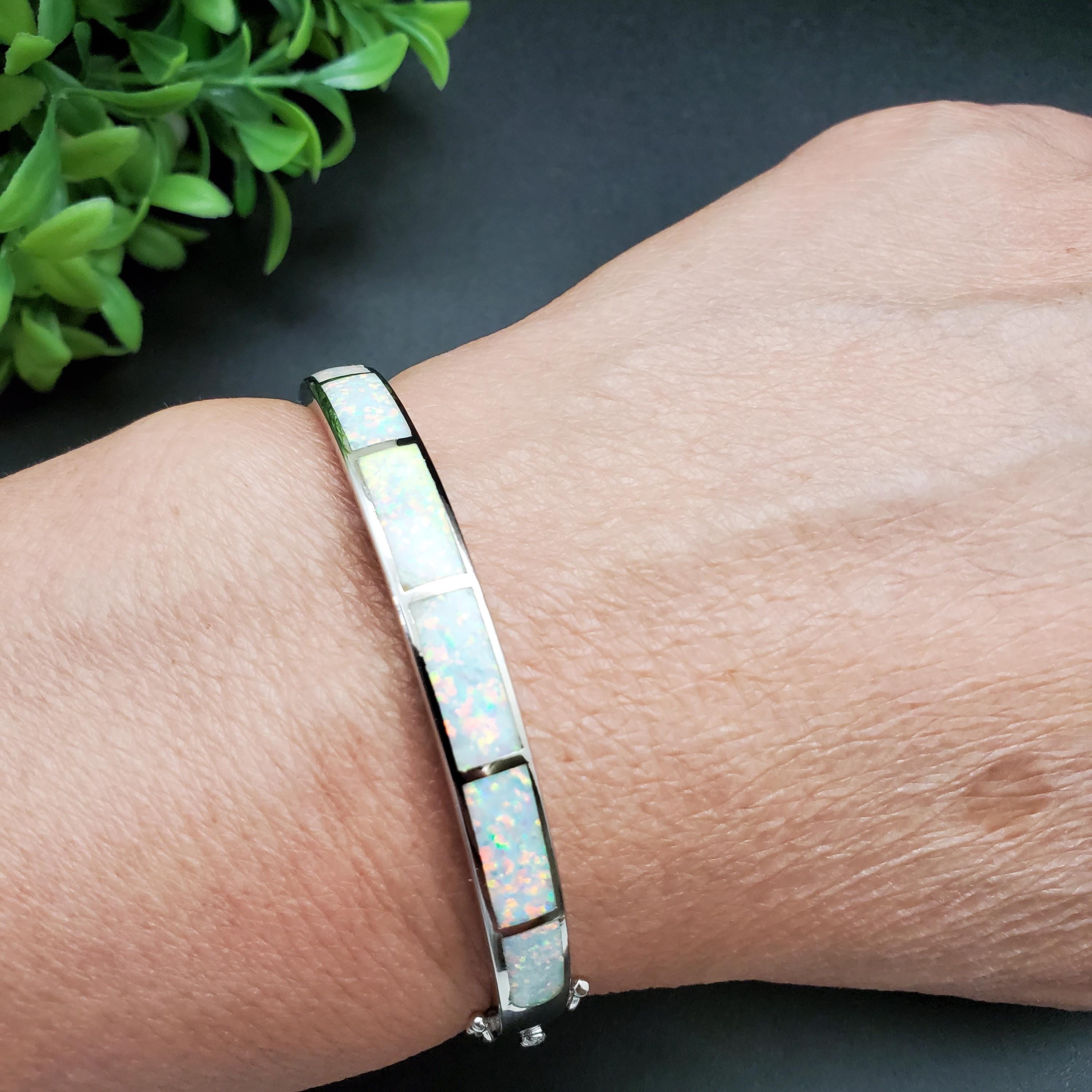 QQ-644 Sterling Silver White Opal Bracelet Cuff White Opal