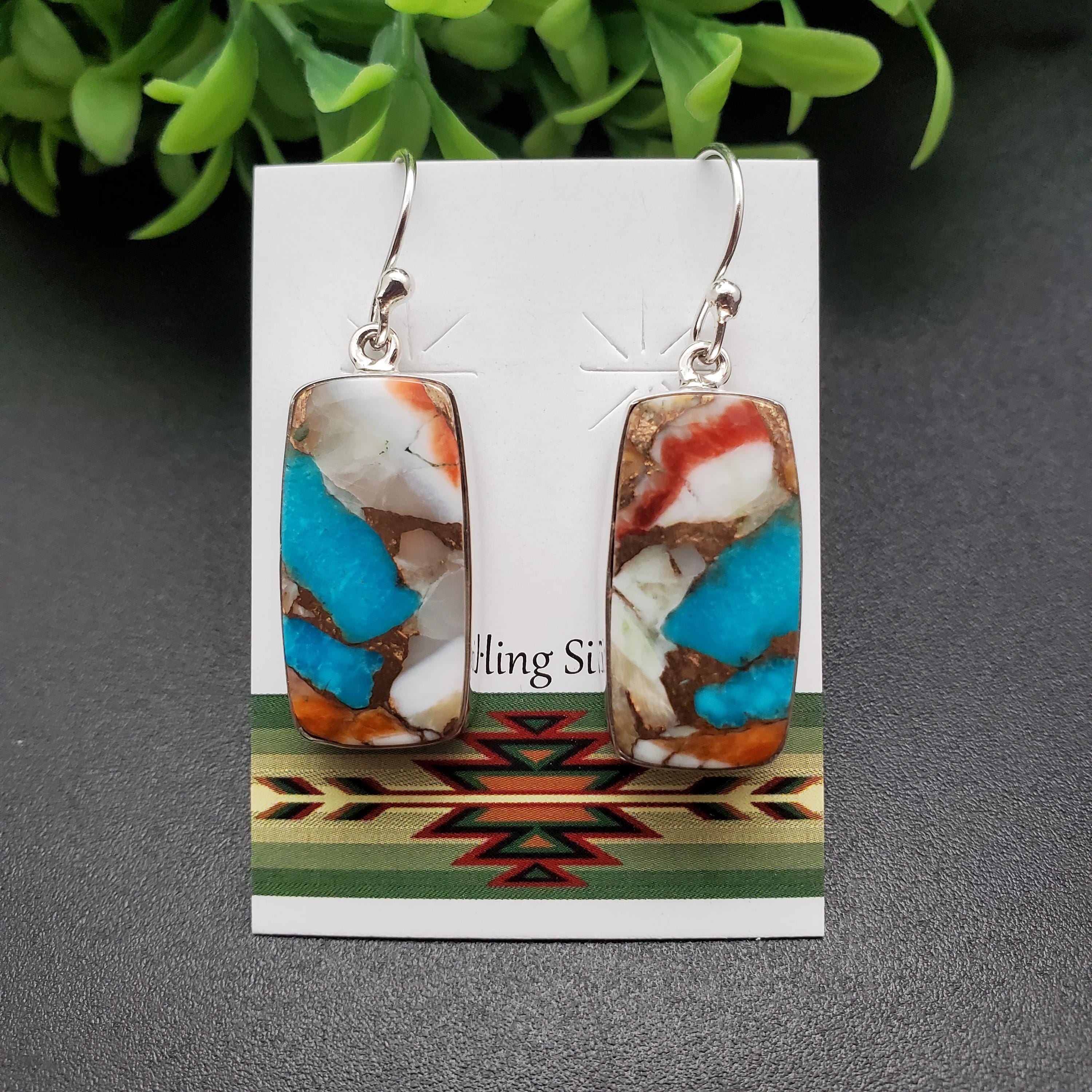 QQ-678 | Copper Spiny Oyster Turquoise Dangle Earrings | Sterling