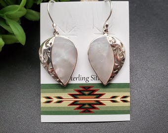 ATS-AYU184 | White Mother of Pearl Inlay Earrings | Sterling Silver White Shell Oval Earrings | Lovely White Mother of Pearl Drop Earrings