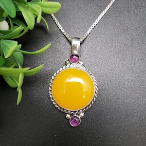 QQ-879 | Lovely Amethyst Yellow Agate Necklace Pendant | Sterling Silver Yellow Agate Pendant | 3 Gemstones Pendant Necklace | Gift For Her