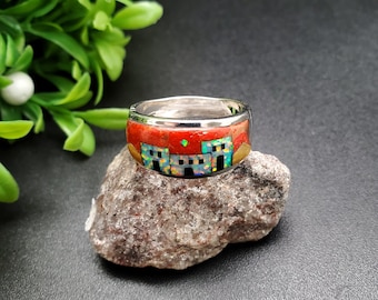 GG-137 | Unisex Inlay Adobe Ring | Micro Inlay Southwest Ring | Sterling Silver Multicolor Pueblo Ring | Flat Roof Ring | Pattern Inlay Ring