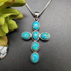 FSD #440 | Türkis Kreuz Anhänger Halskette | Sterling Silber Tibetanischer Türkis Kreuz Anhänger | Blau Türkis Kreuz Anhänger | Jesus Kreuz