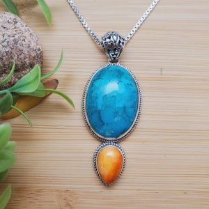 ATS-AYU058 | Grote turkoois-oranje stekelige oesterketting hanger optie met zilveren ketting | Spiny Spiny Oyster Turquoise hanger ketting
