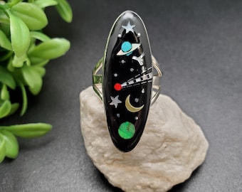GG-136 | Silver Inlay Galaxy Ring | Micro Inlay Southwest Ring | Sterling Silver Ring | Lady Ring | Multicolor Galaxy Ring | Ring For Her