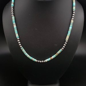 QQ-246 | Southwestern Navajo Pearl Silver Beads Turquoise Necklace 18 inches | Sterling Silver Turquoise Necklace | Navajo Pearl Necklace