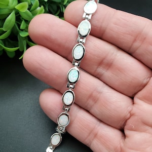 FFD #995 | White Opal Bracelet | Sterling Silver Opal Inlay Link Bracelet | Fire Opal Silver Bracelet | Opal Link Bracelet | Gifts For Her