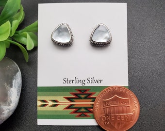 JJS-647 | Big Concho Inlay White Mother of Pearl Earrings | Sterling Silver White Shell Studs | Lovely White Posts | Triangle White Earrings