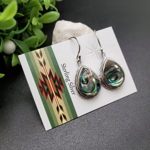 QQ-716 | Abalone Shell Inlay Dangle Earrings | Sterling Silver Abalone Shell Earrings | Dainty Paua Shell Earrings | Big Simple Earrings