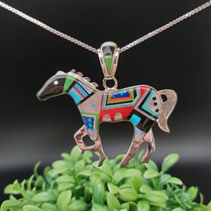 QQ-542 | Unique Inlay Southwest Horse Necklace Pendant Option With Silver Chain | Sterling Silver Inlay Southwest Horse Pendant Necklace