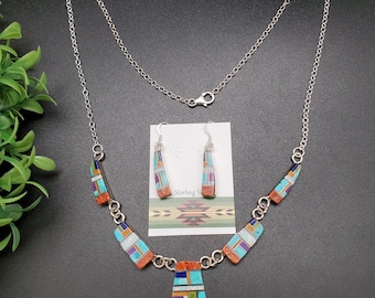 QQ-440 | White Opal, Color Gems Inlay Necklace 20 in, Earrings Set | Sterling Silver Opal Multicolor Necklace | Jewelry Set | Gift For Her