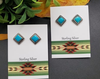 ATS-PST052 | 8x8mm Square Blue Turquoise Post Earrings | Sterling Silver Blue Turquoise Studs | Turquoise Southwest Posts | Gifts Ideas