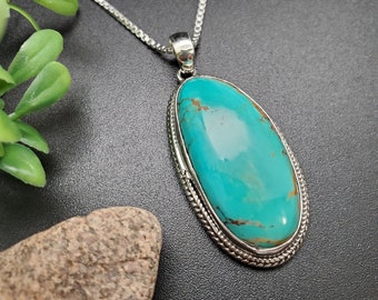 ATS#PD199 | Ravissant collier pendentif turquoise Royston, pendentif turquoise en argent sterling du sud-ouest, collier pendentif turquoise bleu-vert