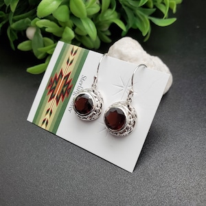 ATS-AYU158 | Dainty Red Garnet Dangle Earrings | Sterling Silver Red Gemstone Earrings | Balinese Garnet Earrings, Simple Red Stone Earrings